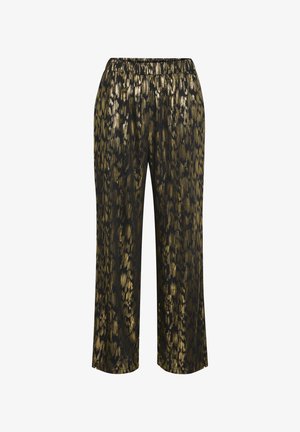 Crne i zlatne hlače s uzorkom, elastičnim pojasom, s vertikalnim prugama i opuštenim, ravnim krojem.