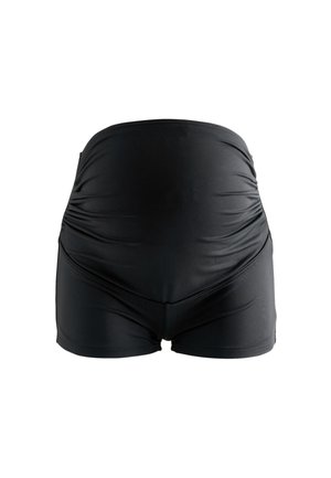 Pantaloni scurți negri pentru înot destinați gravidelor, cu laterale adunate și talie înaltă, oferind susținere și concepuți pentru a acoperi burtica.