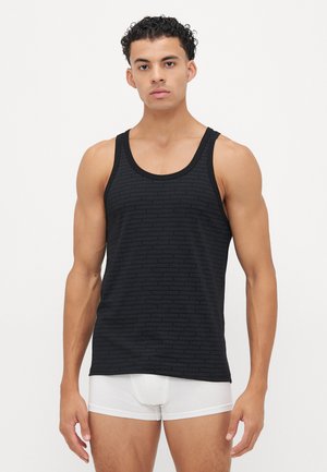 Black tank top featuring a subtle pattern of the brand name in dark tones, with a rounded neckline and wide shoulder straps.