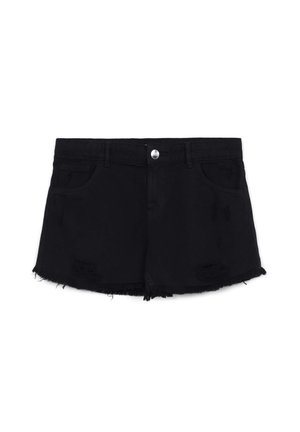 Czarne szorty dżinsowe z postrzępionym dołem, z dwiema przednimi kieszeniami i zniszczonymi detalami. Wykonane z mocnego materiału, oferujące swobodny fason.