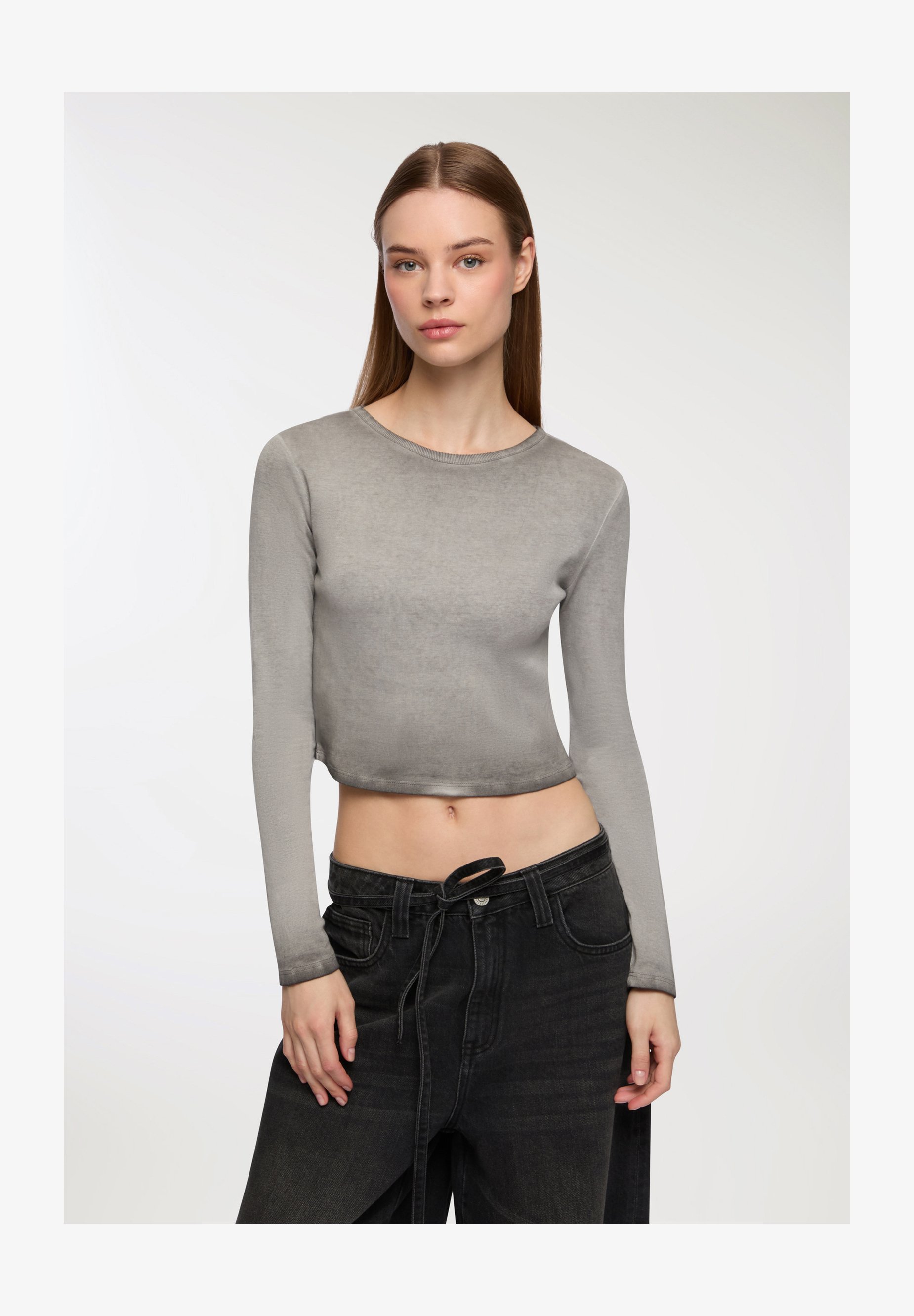 Top Donna Maniche Lunghe Scollo Quadrato – Maglia Slim Fit, Grigio Scuro Taglia L, Autunno