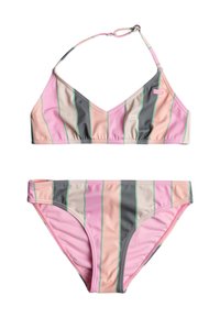 Conjunto de bikini a rayas con parte superior triangular y parte inferior de braga. Cuenta con tirantes finos, colores pastel (rosa, gris, verde) y textura de tela suave.