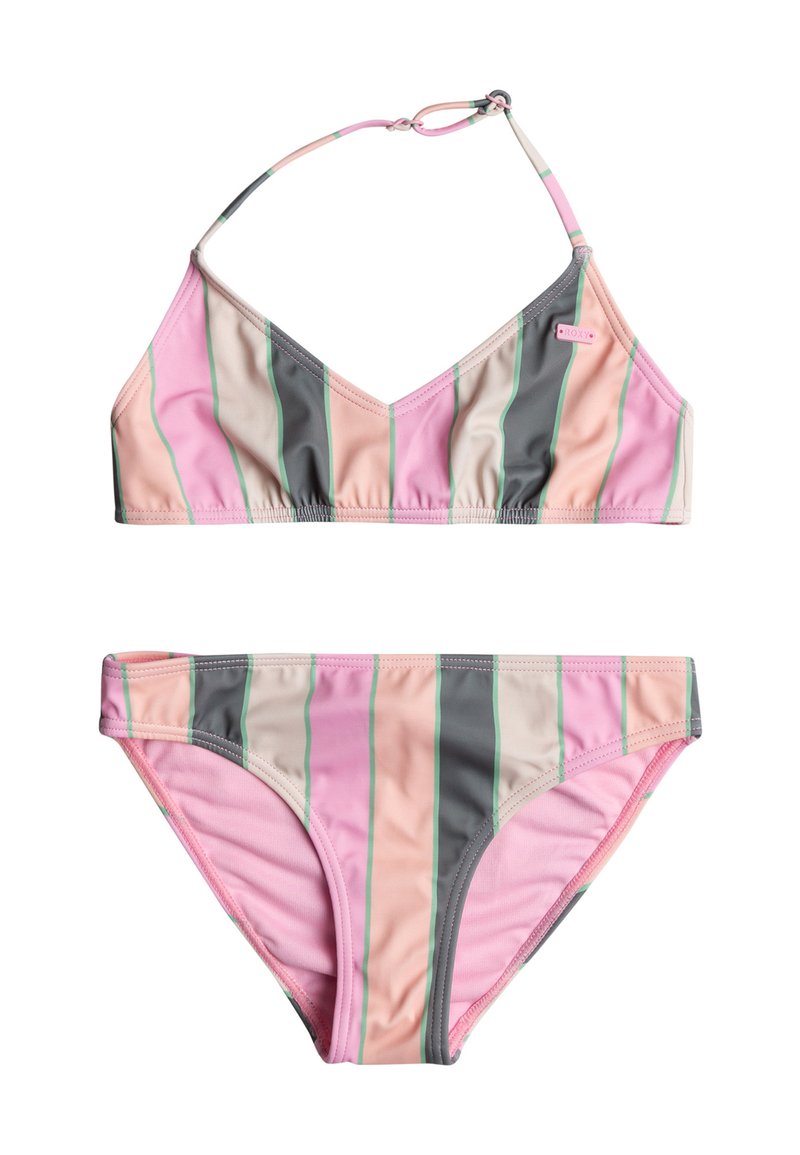 Conjunto de bikini a rayas con parte superior triangular y parte inferior de braga. Cuenta con tirantes finos, colores pastel (rosa, gris, verde) y textura de tela suave.