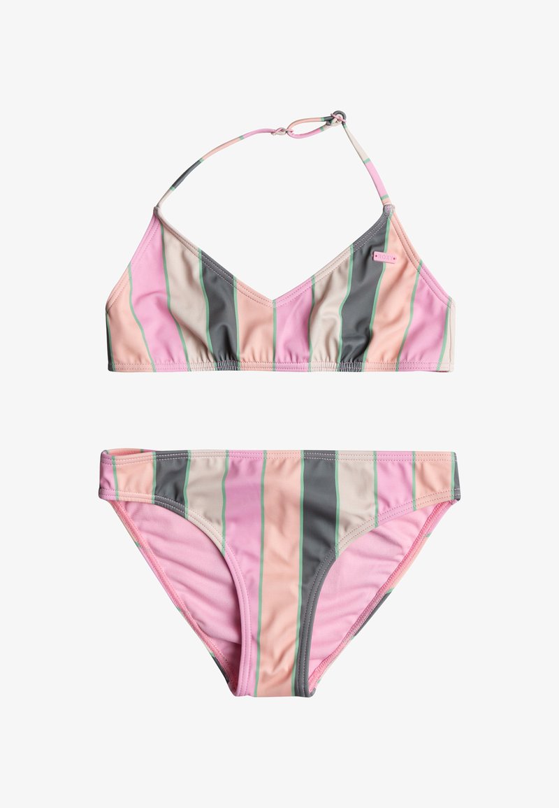 Conjunto de bikini a rayas con parte superior triangular y parte inferior de braga. Cuenta con tirantes finos, colores pastel (rosa, gris, verde) y textura de tela suave.