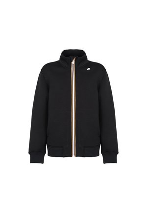 Felpa nera con zip e colletto alto, zip arancione e bianca, polsini e orlo a coste, e una tasca laterale su ciascun lato.