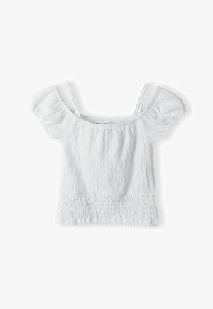 Haut blanc décolleté avec des manches courtes bouffantes, tissu texturé, taille froncée et fines bretelles réglables pour un look ajusté.