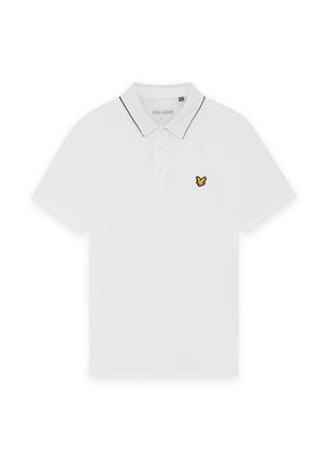 Weißes Poloshirt mit kurzen Ärmeln, schwarzem Besatz am Kragen und einem kleinen, gelb-schwarzen bestickten Vogel-Logo auf der linken Brust.