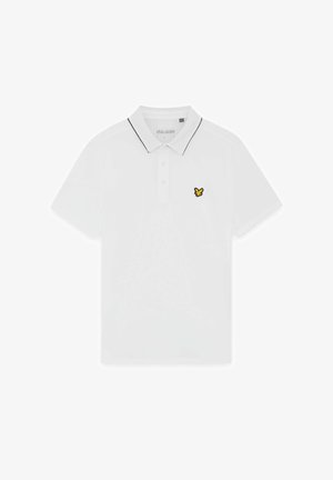 Weißes Poloshirt mit kurzen Ärmeln, schwarzem Besatz am Kragen und einem kleinen, gelb-schwarzen bestickten Vogel-Logo auf der linken Brust.