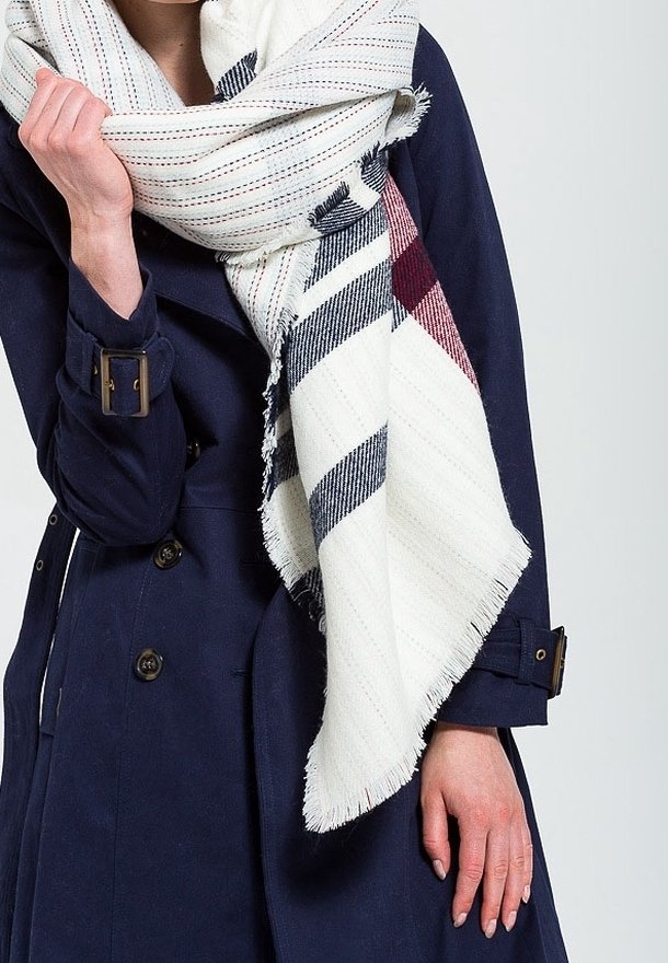 Personne portant un trench-coat bleu marine et tenant une grande écharpe blanche à rayures bleu marine et bordeaux enroulée autour des épaules.