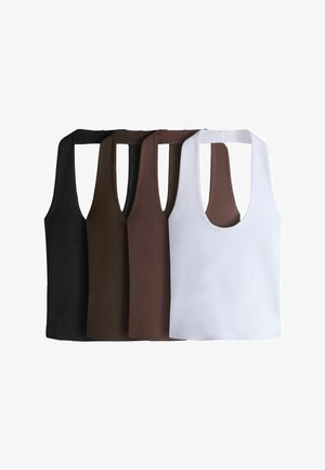 Conjunto de cuatro camisetas de punto sin mangas en negro, marrón oscuro, marrón medio y blanco, exhibidas planas con escotes redondeados.