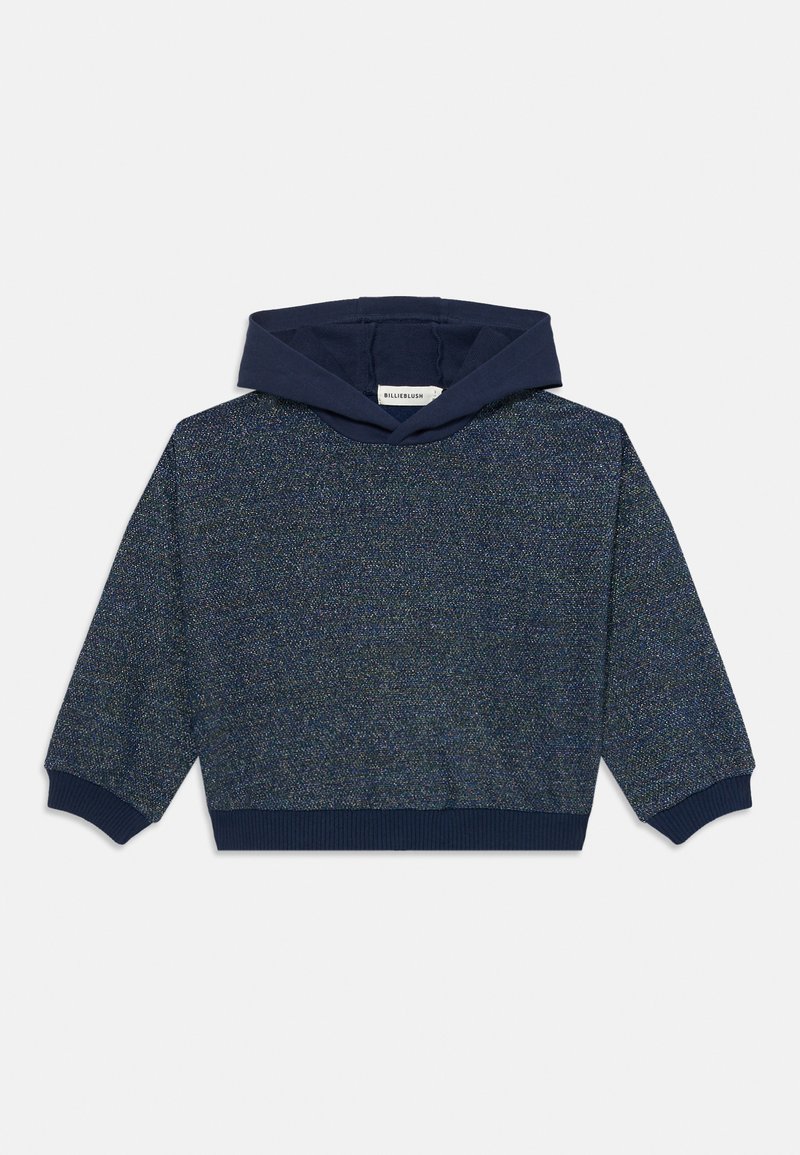 Felpa con cappuccio blu navy in tessuto texturizzato, caratterizzata da un leggero luccichio multicolore. Maniche a costine e orlo, vestibilità comoda.