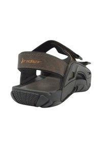 Sandalo sintetico marrone con cinturini regolabili in velcro, soletta imbottita e suola in gomma nera texturizzata per grip e stabilità.