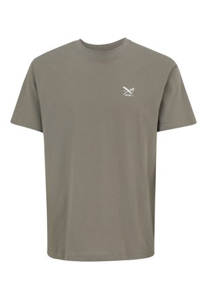Taupe short-sleeve crew neck t-shirt with a small white crossed sword and key logo on the left chest.