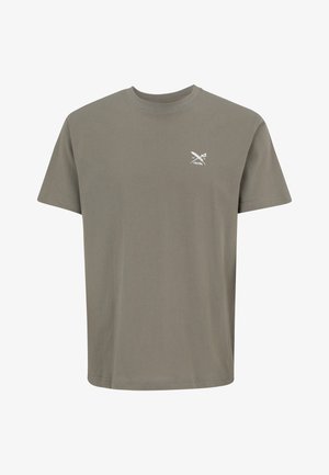 Taupe short-sleeve crew neck t-shirt with a small white crossed sword and key logo on the left chest.