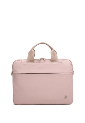 Morbida borsa per laptop rosa con due manici beige, tasca frontale con zip e piccolo logo circolare nell’angolo in basso a destra, su sfondo bianco.