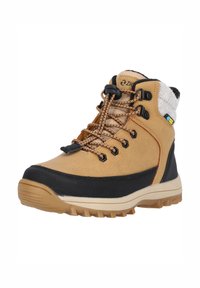 Bottines de randonnée marron avec accents noirs, tige texturée, col rembourré et semelle en caoutchouc. Comprend des œillets pour les lacets et une zone de orteil renforcée.