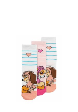 Three pairs of colorful children's socks featuring cartoon dogs wearing aviator helmets and hearts above blue horizontal stripes.
