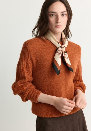 Frau mit dunklem Haar, die einen rostorangefarbenen Strickpullover, einen beigen gemusterten Schal um den Hals gebunden und einen dunkelbraunen Rock vor einem einfarbigen Hintergrund trägt.