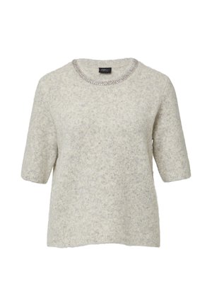 Kurzärmliger, hellgrauer Wollmischpullover mit strukturiertem Finish und dekorativem Silberkragenakzent. Boxy-Form, leichtes Tragegefühl.