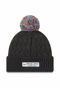 Knit beanie in dark gray with a textured pattern and a multicolored pom-pom on top. Features a white label with "CRUCIAL CATCH."