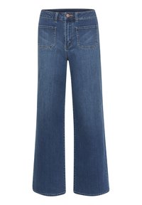 Jeans a gamba ampia in denim blu scuro, con chiusura a bottone, cinque tasche e una consistenza liscia con leggere sfumature sul davanti.