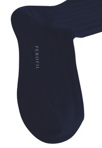 Calze blu navy con un design a coste, realizzate in un materiale liscio. Presentano un piccolo logo "PEROFIL" di colore contrastante vicino alla punta.