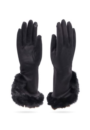 Guanti invernali neri con morbida rifinitura in pelliccia attorno ai polsi, mostrati con i palmi rivolti in avanti su uno sfondo bianco.