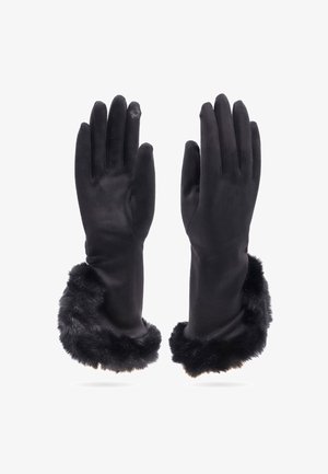 Guanti invernali neri con morbida rifinitura in pelliccia attorno ai polsi, mostrati con i palmi rivolti in avanti su uno sfondo bianco.