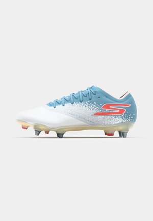 White and light blue football cleat with a gradient texture, featuring a red accent logo, six studs on a translucent sole, and lace-up design.