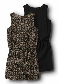 Deux combinaisons sans manches : l'une en noir uni et l'autre avec un imprimé léopard brun et noir, dotée d'une taille élastique.