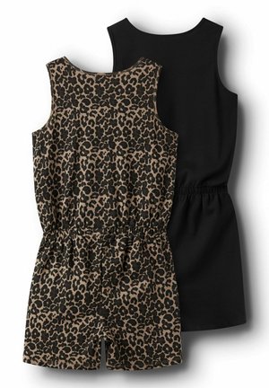Divi bezpiedurkņu romperi: viens melnā vienkrāsainā tonī, bet otrs ar brūna un melna leoparda rakstu, ar elastīgu jostasvietu.