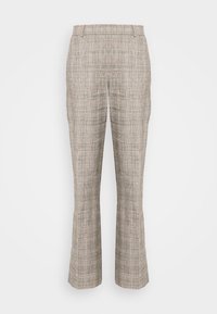 Pantalon à carreaux beige avec jambes droites, passants pour ceinture et coupe ajustée.