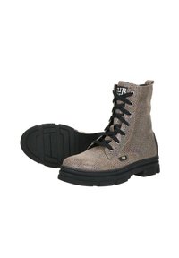 Lace-up enkellaarsjes met een gespikkelde beige textuur, zwarte rubberen zool en stevige veters. Voorzien van een logo aan de bovenkant en een trekband aan de achterzijde.