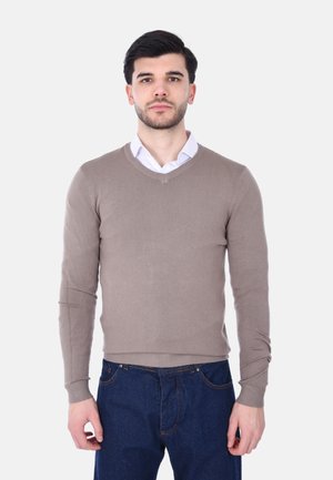Maglione leggero color marrone chiaro con scollo a V, polsini e orlo a costine, indossato sopra una camicia bianca, abbinato a jeans blu scuro.