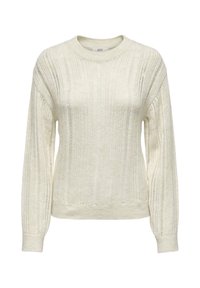 Sweter w kolorze kremowym, wykonany na szydełku, z żebrowaną fakturą, okrągłym dekoltem oraz długimi rękawami o luźnym kroju.