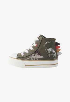 Baskets montantes enfant avec motifs de dinosaures, lacets blancs, semelle en caoutchouc beige et pointes en tissu colorées au talon.