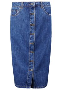 Sininen farkku kynähame, jossa on etupuolella metallinappikiinnitys, vyölenkit ja etutaskut, joissa on oranssit tikkaukset.