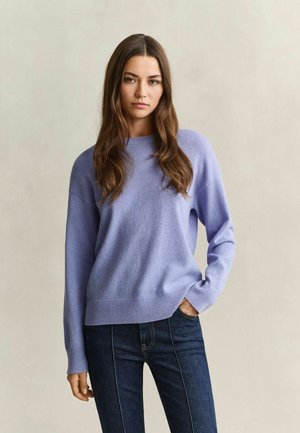 Jonge vrouw met lang bruin haar, die een lichtpaarse trui en donkerblauwe spijkerbroek draagt, staand met één hand in de zak tegen een effen achtergrond.