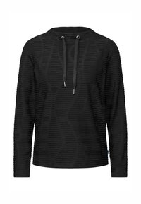 Schwarze Struktur-Hoodie mit geripptem Design, rundem Halsausschnitt und Kordelzügen. Verfügt über lange Ärmel und einen geraden Saum.