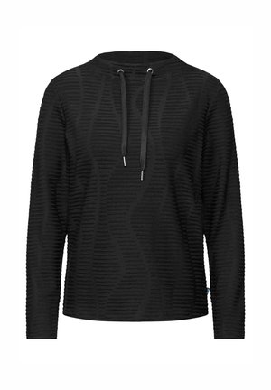 Černá textured mikina s ribbovaným vzorem, kulatým výstřihem a šňůrkami. Má dlouhé rukávy a rovný spodní lem.
