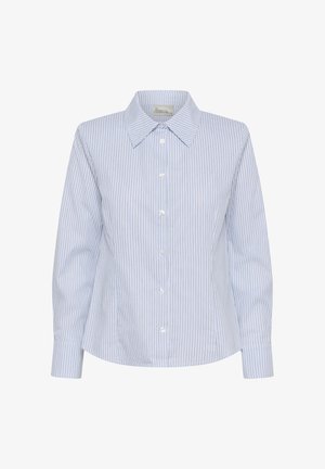 Svijetloplava košulja dugih rukava s tankim okomitim prugama i špicastim ovratnikom, prikazana na bijeloj pozadini.