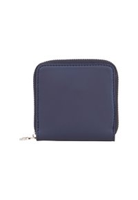Tmavě modrá hladká kožená peněženka se zipovým uzavřením, čtvercového tvaru a minimalistickým designem. Obsahuje stříbrné kovové prvky a texturovaný šev.