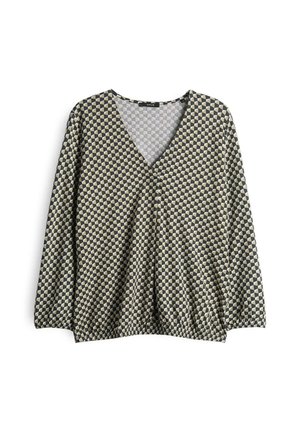 Langärmlige Bluse mit schwarzem, beige und weißem geometrischem Würfelmuster, V-Ausschnitt, elastischem Saum und Bündchen.