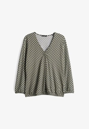 Blusa a maniche lunghe con motivo geometrico a cubi neri, beige e bianchi, scollo a V, orlo ed elastici ai polsini.