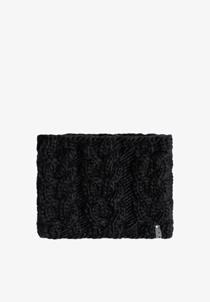 Schwarzer gestrickter Halswärmer mit einem strukturierten Zopfmuster. Aus dickem Garn gefertigt, hat er ein weiches Aussehen und ein kleines Logo-Etikett an der Seite.