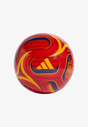 Pallone da calcio Adidas rosso e giallo con il crest della nazionale spagnola e audaci motivi blu e gialli a spirale.