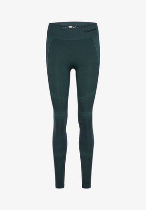 Mörkgröna leggings i stretchmaterial med hög midja, kontrasterande ljusgröna accenter och en åtsittande, slät textur.