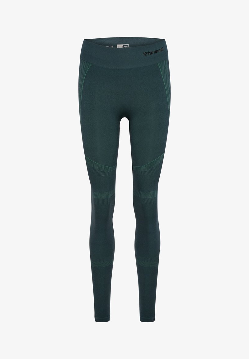 Ciemnozielone legginsy wykonane z elastycznego materiału, z wysokim pasem, kontrastującymi jaśniejszymi zielonymi akcentami oraz dopasowaną, gładką fakturą.