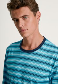 Blauw en blauwgroen gestreept shirt met lange mouwen en een marineblauwe ronde hals. Zachte textuur met afwisselend witte en donkerblauwe strepen.