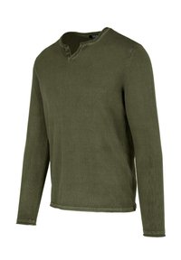 Long-sleeve olive green shirt, soft fabric, rounded neckline with two-button detail, ribbed cuffs, and straight hem, minimal seam accents.